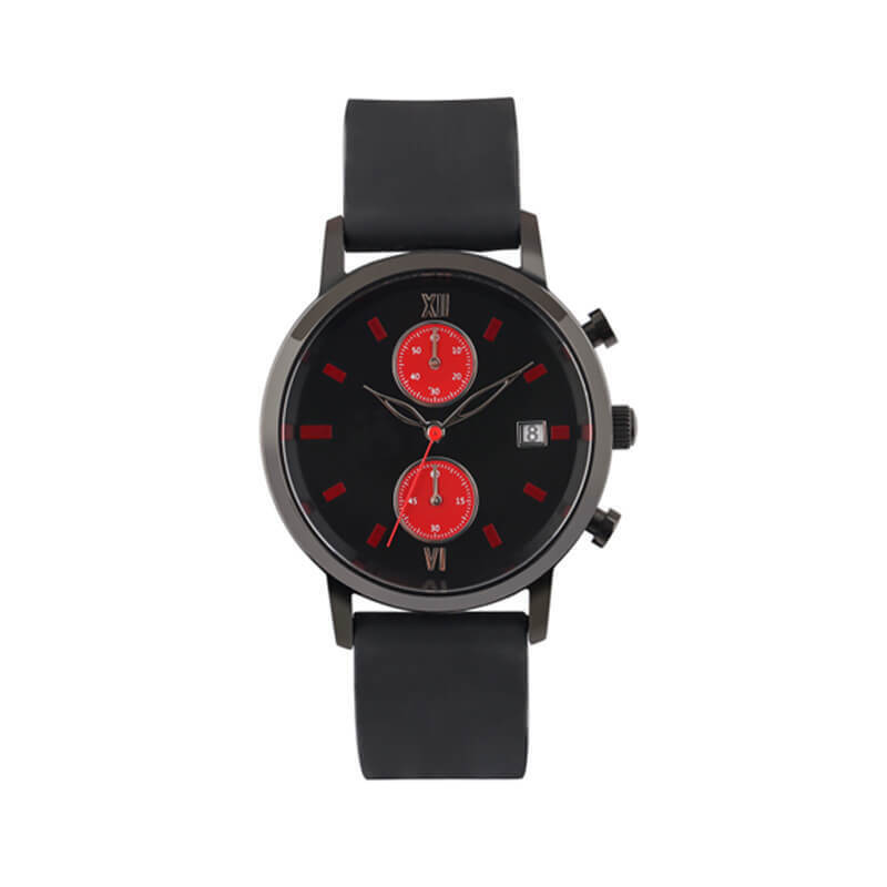 RED DIAL QUARTZ BLACK LEATHER WATCH STRAP: shijinwatch